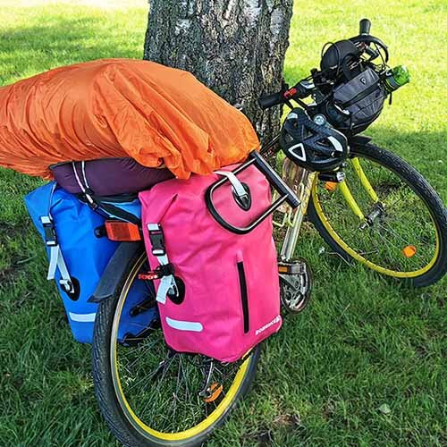Mountainbike mit Fahrradtaschen, gepackt auf der Wiese neben einem Baum für eine Bikepacking Tour