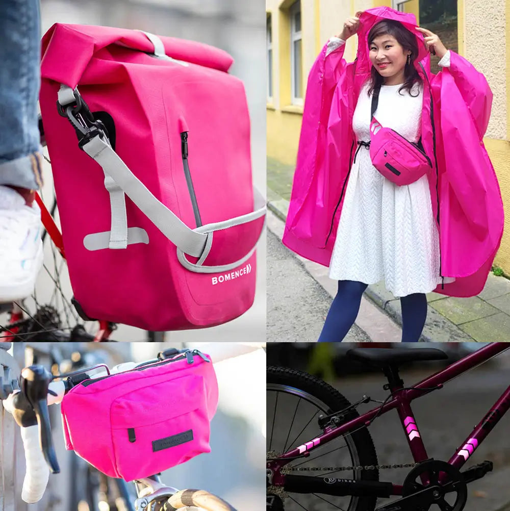 Bundle Set aus pinker Fahrradtasche, pinkem Regenponcho, pinker Lenkertasche und reflektierenden Sticker in Pink von Reflective Berlin Lifestyle i love pink style für fahrradliebhaber, fahrradgeschenke