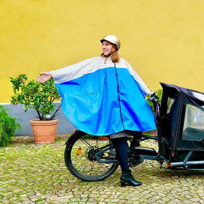 Regenponcho Fahrrad, Regencape Radfahren, Damen Regenumhang, blau, schöner Fahrradponcho mit Reißverschluss