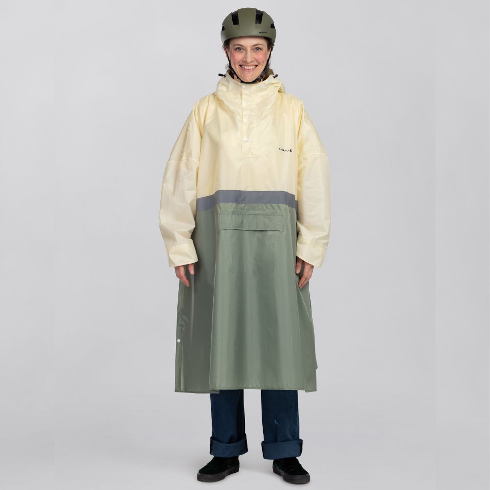 Weiss grüner Regenponcho für Damen mit Reflektierendem Streifen und Ärmeln zum Fahrradfahren