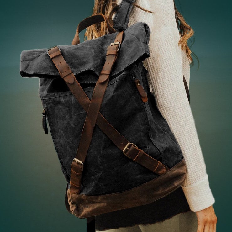 Rolltop Canvas Rucksack mit Leder "Hybrid"