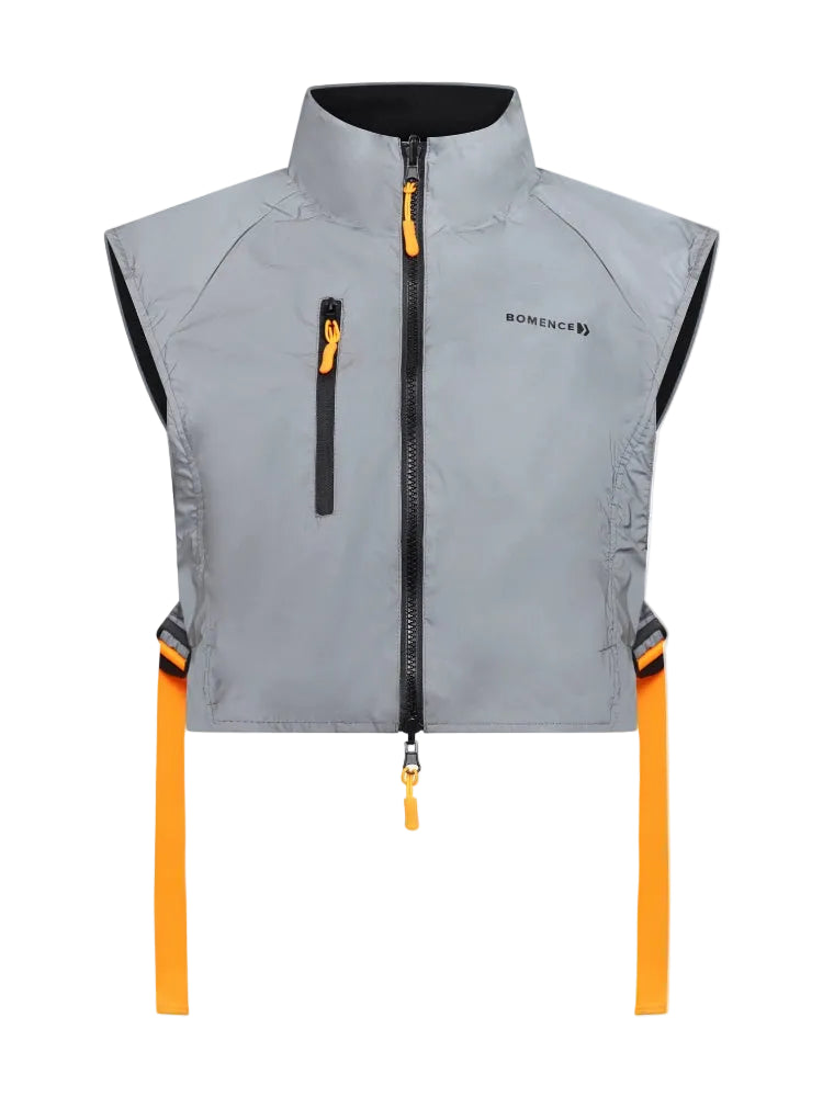 Fahrradweste reflektierend mit orangenen Gurten seitlich und Reißverschluss kurzer Schnitt
