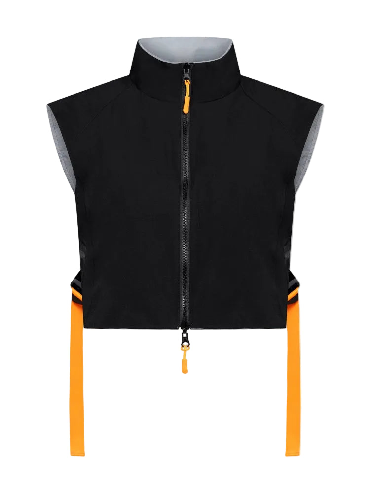 schwarze Weste Fahrradfahren Wendeweste reflektierend innen mit orangenen Bändern seitlich
