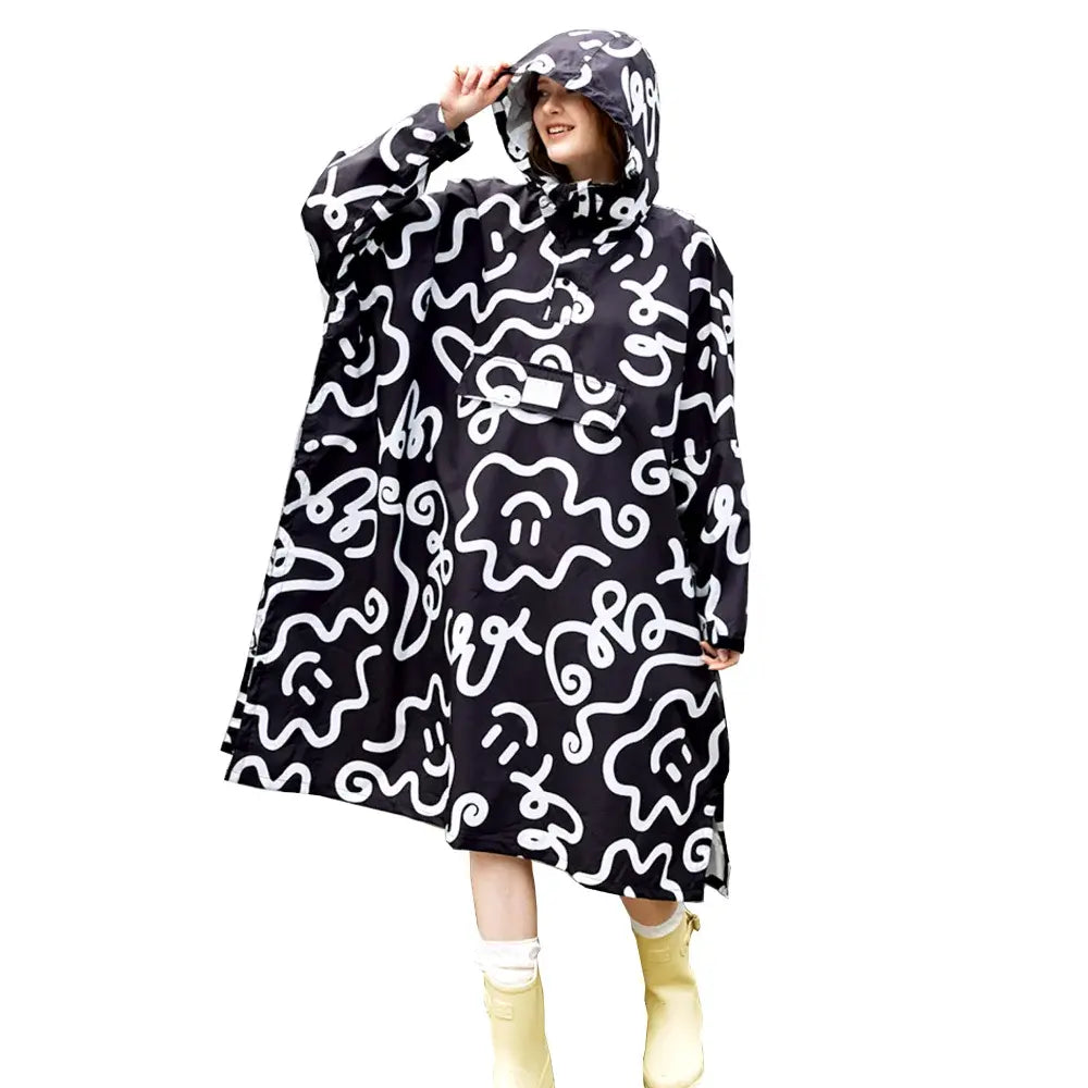 Regenponcho Damen mit Ärmeln lang schwarz weiss