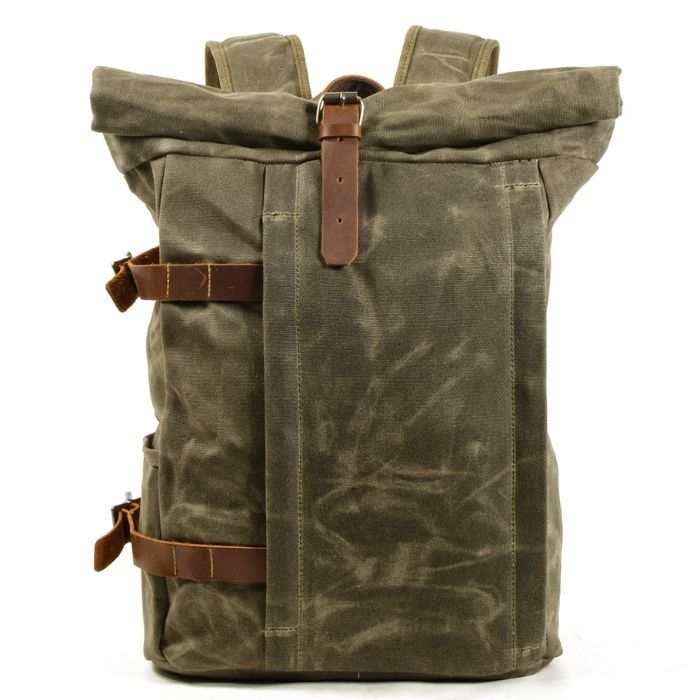 Canvas Rucksack Rolltop mit Lederriemen military gruen