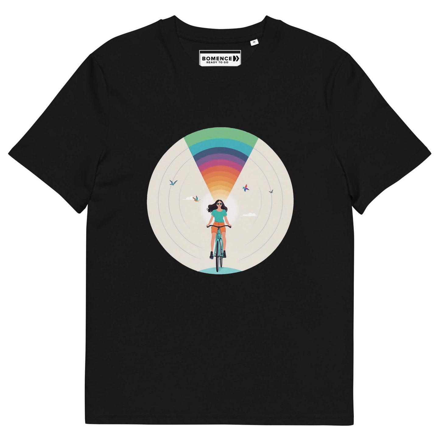 schwarzes-Shirt-Fahrrad-Druck-Damen-Regenbogen-Kreis-weiblich