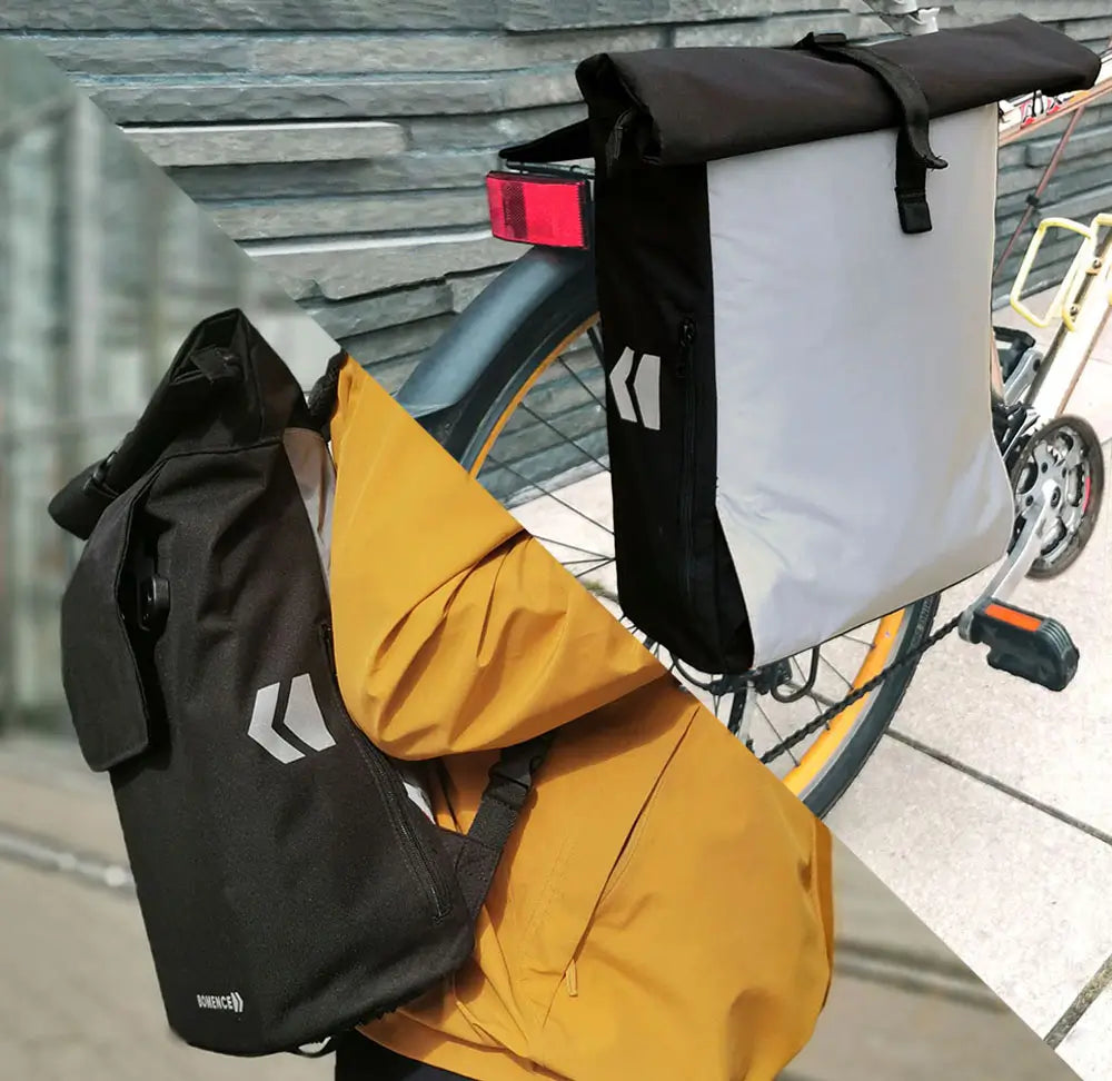 Vollreflektierende Fahrradtasche und Rucksack in einem: Die Bomence 2in1 Lösung für maximale Sichtbarkeit im Straßenverkehr.