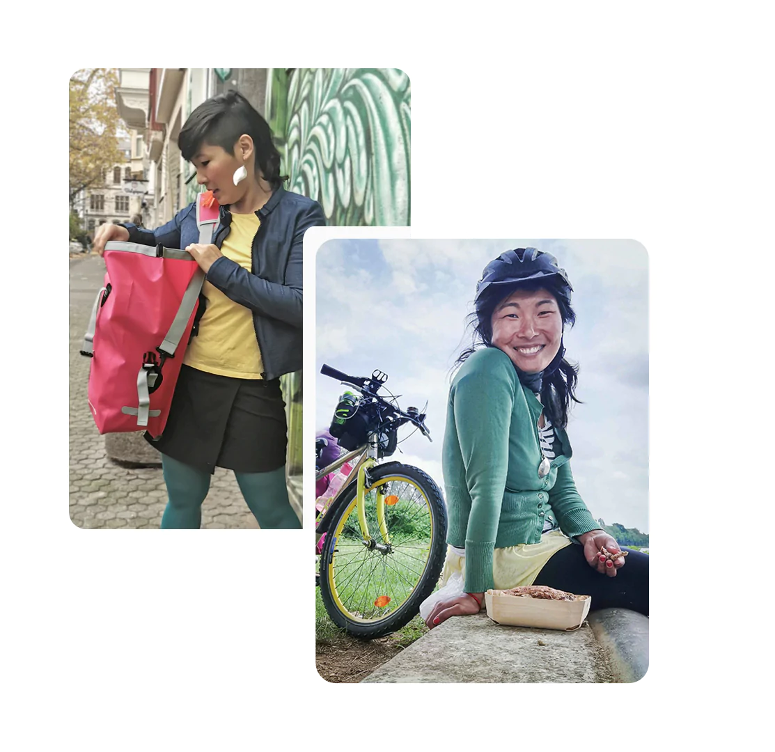 Frau auf zwei Bildern outdoor oben mit pinker Fahrradtasche als Umhängetasche tragend in der Stadt unten rechts auf Fahrradtour sitzend mit Fahrradhelm und Essen. Hinter ihr ein Mountainbike für Bikepacking Radtour.