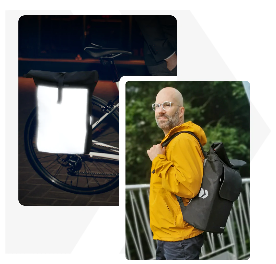 Fahrradtasche Rucksack Kombi sowohl von vorne als auch von hinten dargestellt.