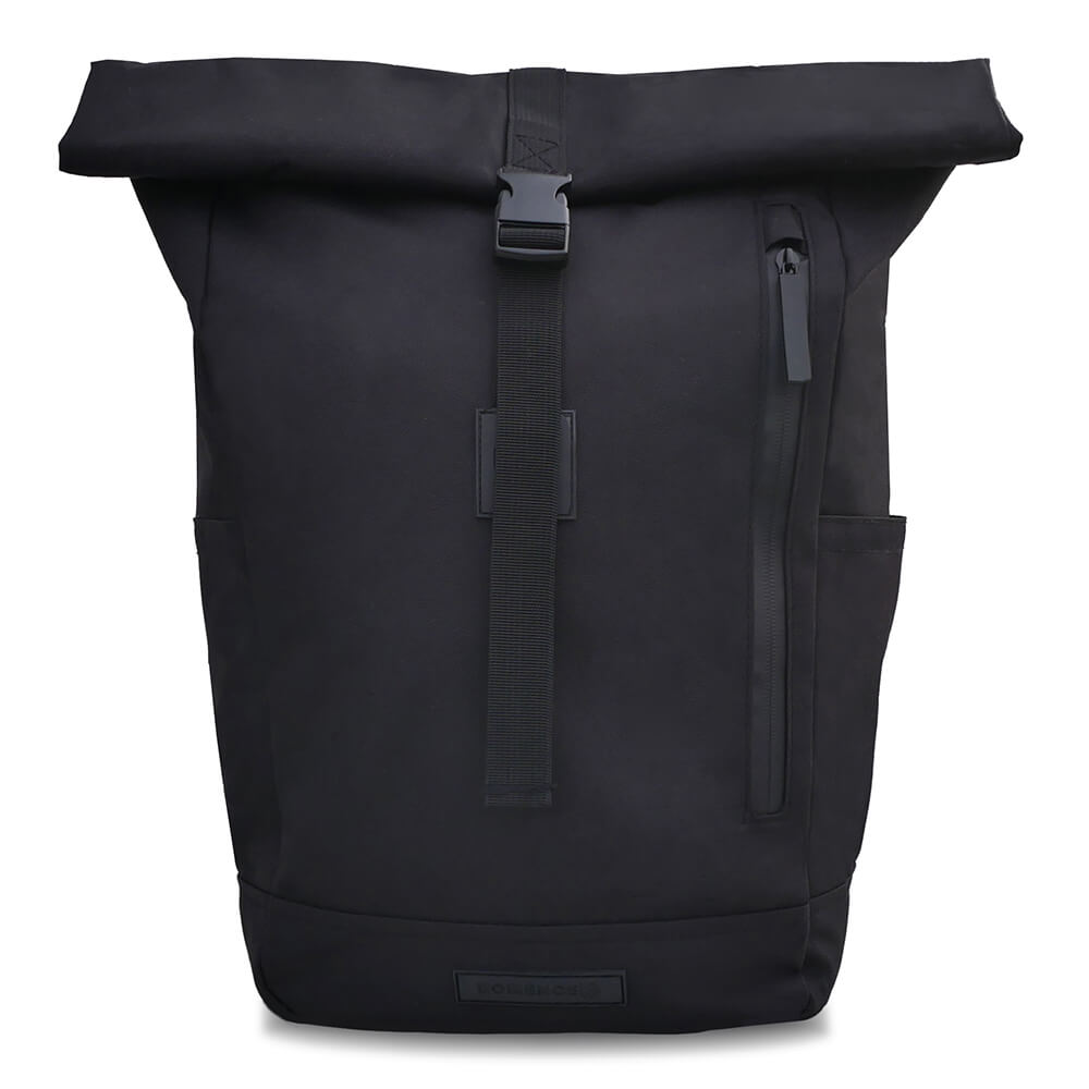 schwarzer rolltop rucksack damen und herren, schlicht, einfarbig, minimalistisch roll top