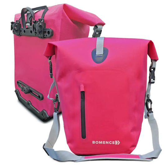 Zwei pinke Fahrradtaschen für Gepäckträger mit Umhängegurt auch als Umhängetasche nutzbar