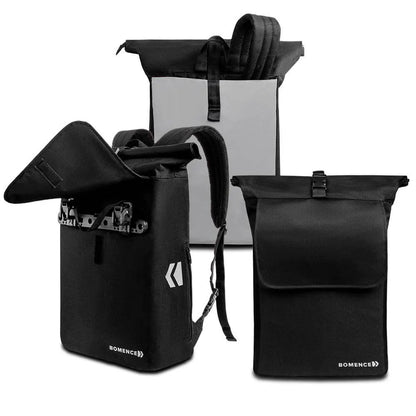 Fahrradtasche Rucksack Kombi gezeigt von vorne und von hinten. Hinten ist Material schwarz und vorne befindet sich die vollreflektierende Seite.