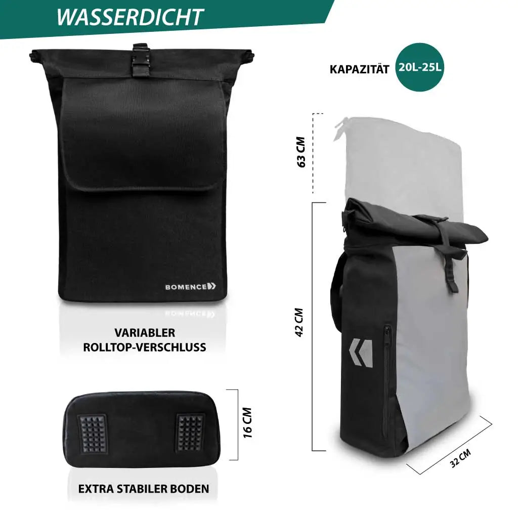 Maße Rolltop Rucksack-Fahrradtasche mit Laptopfach reflektierend mit Stabilisierung am Boden von Bomence